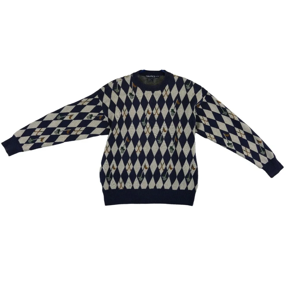 Vintage Nautica Sweater Men's Size Medium Blue Cream Argyle Cotton Linen Golf